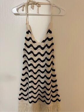 Cupshe Crochet Halter Slip Cover-up Mini Dress in Cream & Black